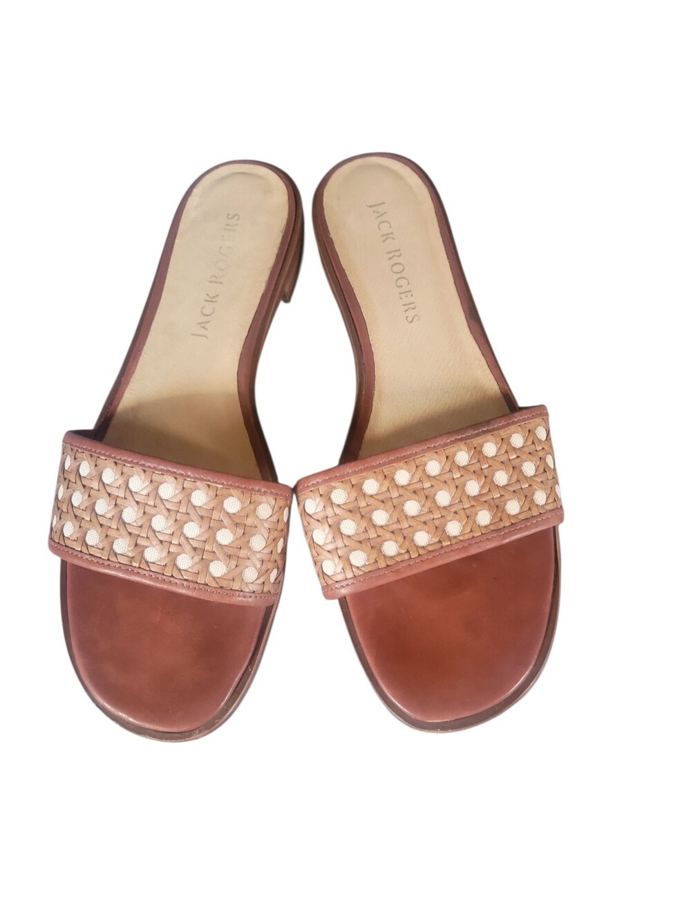 Jack Rogers Merrian Canning Brown Leather Slide Sandals with Tan Woven Strap 11
